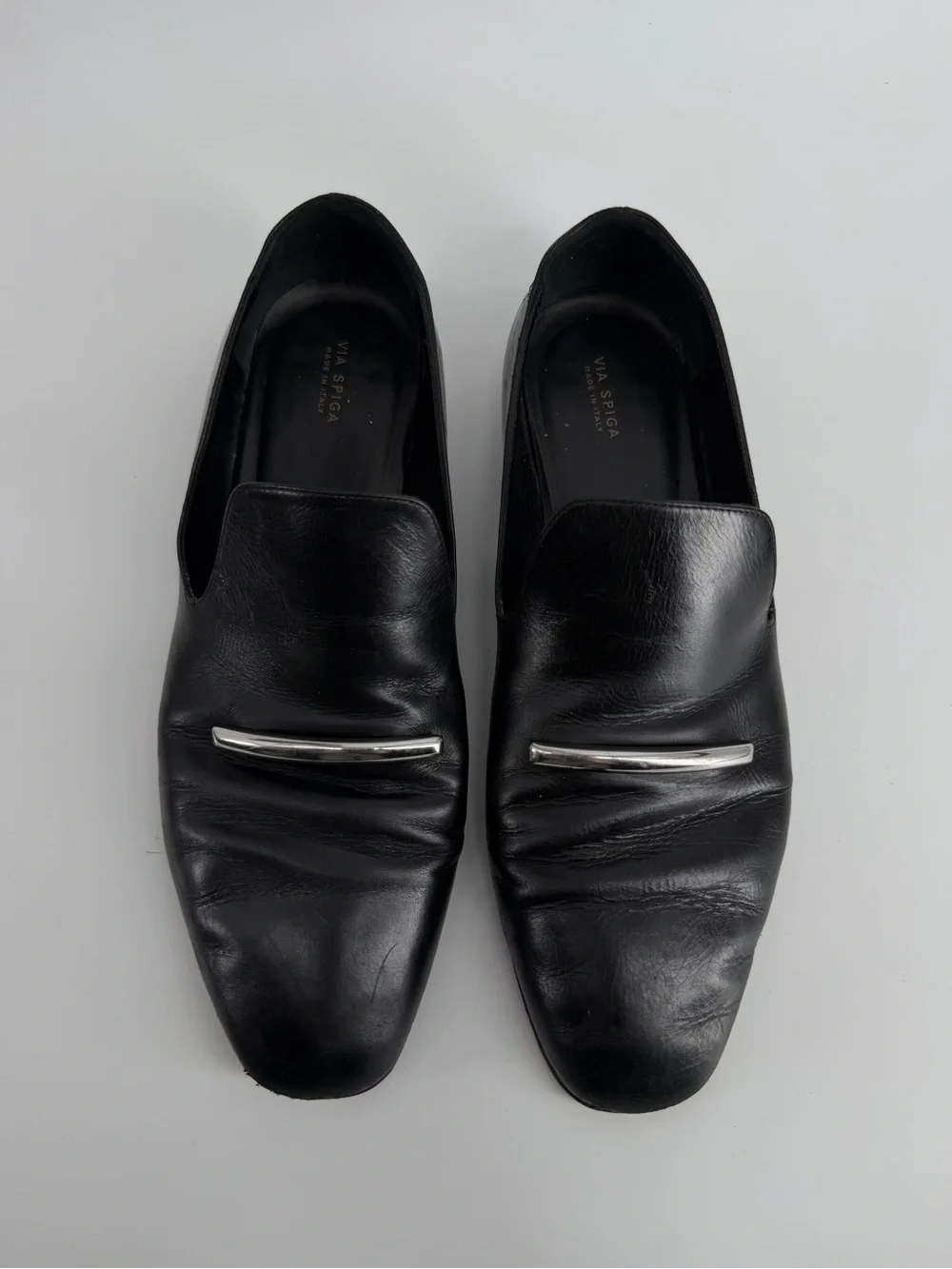 Via Spiga Black Leather Loafers Silver Hardware Slip On Flats Made in Italy 10